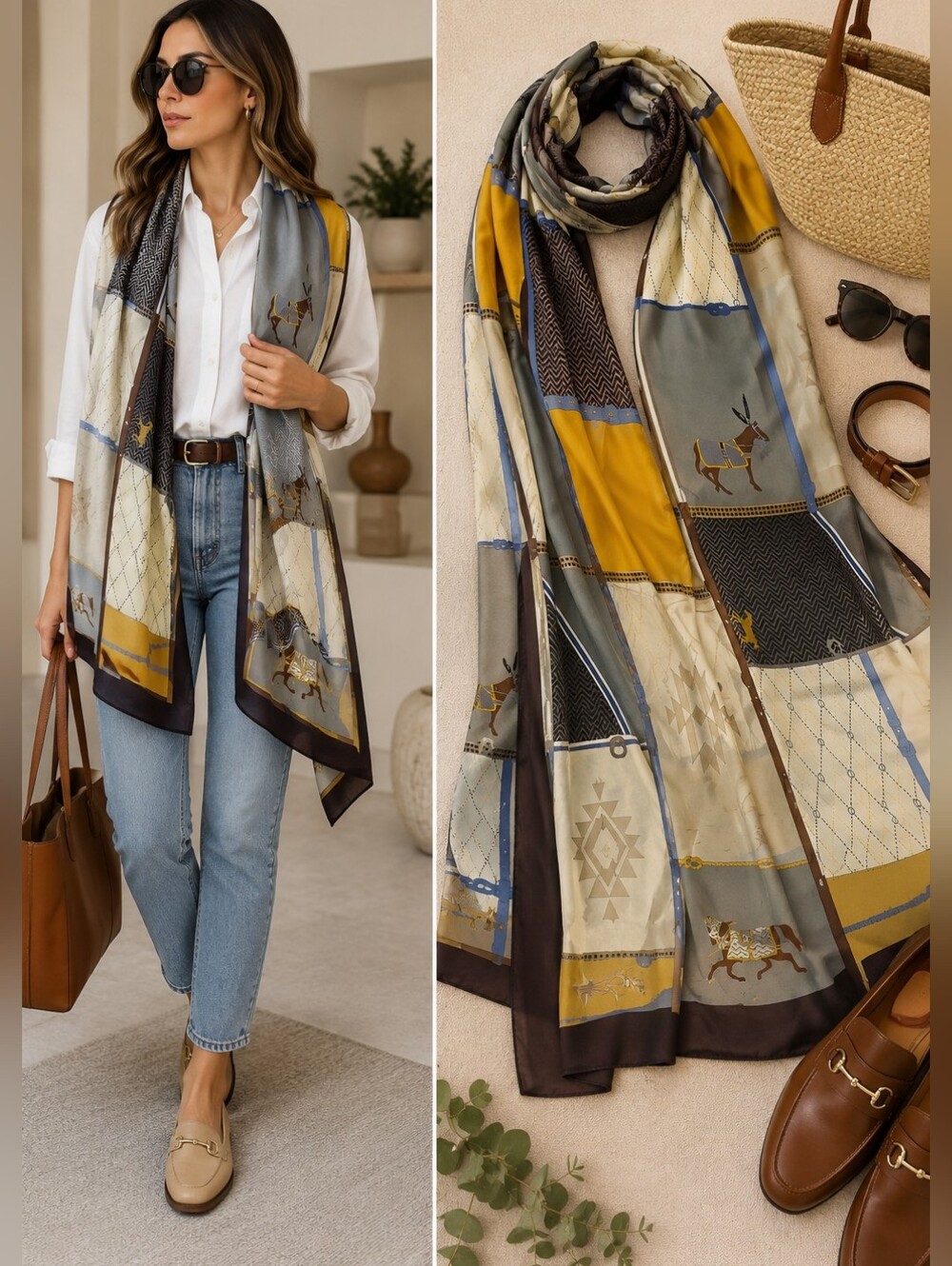 Oversized Silk Blend Equestrian Wrap Shawl 70% Viscose 30% Silk Horse Print Soft